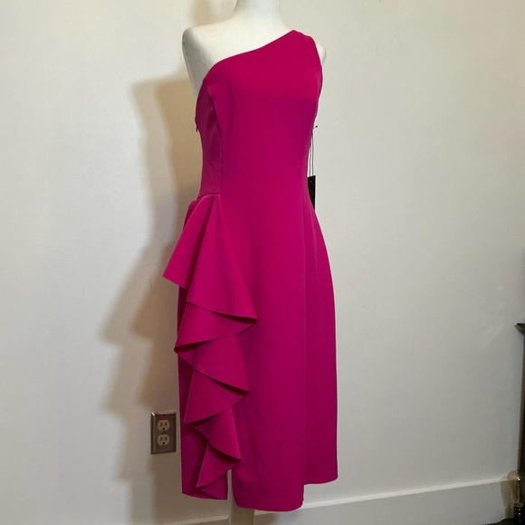 Rachel Zoe One-Shoulder Cascade Ruffle Midi Dress in Fuchsia Pink Size 12 NWT - Picture 2 of 10